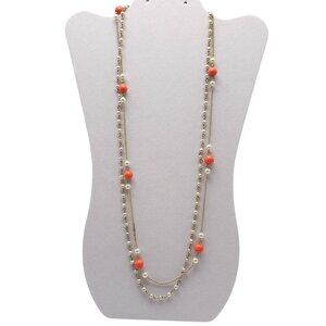 Vintage Gold Tone Double Strand Necklace Faux Pearls Coral Beads